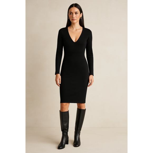 Banana Republic Black V-Neck Stretch Knit Dress | Silk Cotton Blend Bodycon | L - Picture 1 of 11